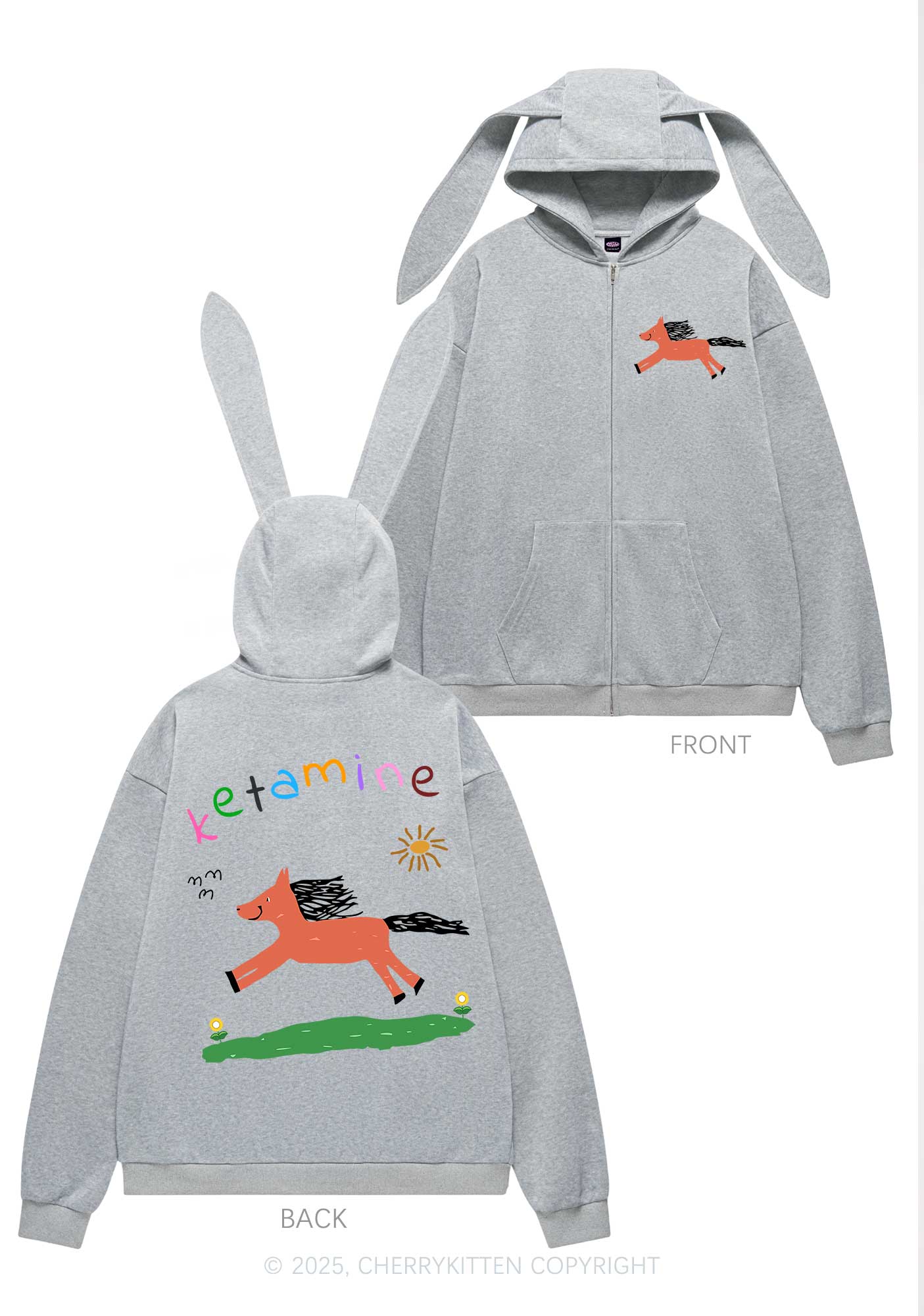Orange Pony Y2K Bunny Ear Zip Hoodie Cherrykitten
