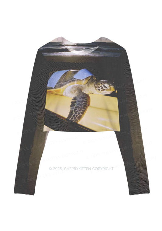 Turtle On Surfboard Y2K Mesh Long Sleeve Crop Top Cherrykitten