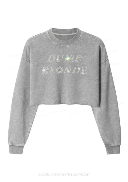 Rhinestone Dumb Blonde Y2K Crop Washed Sweatshirts Cherrykitten