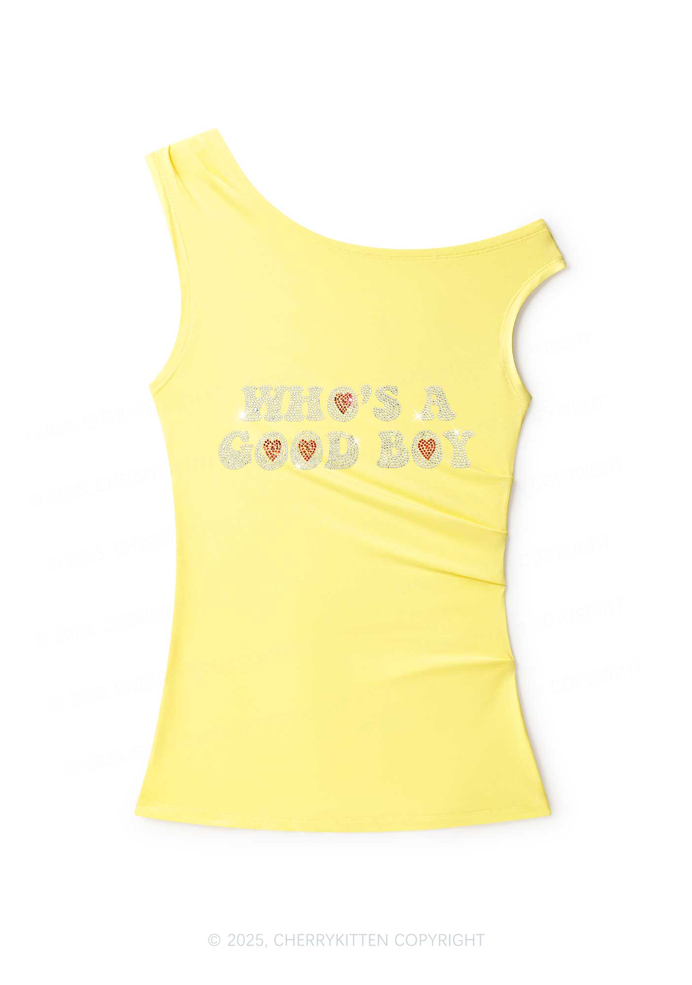 Rhinestone Whos A Good Boy Y2K Off Shoulder Tank Top Cherrykitten