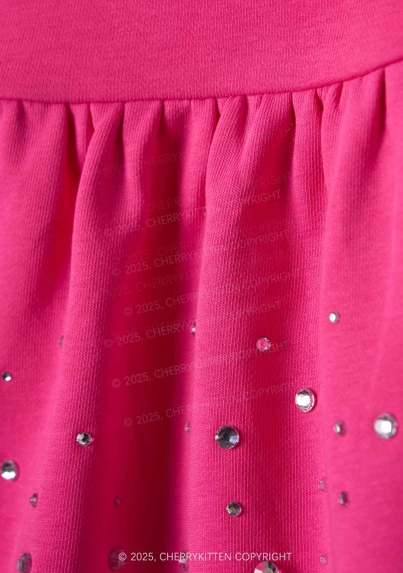 Plain Y2K Pink Ruffled Rhinestone Mini Skirt Cherrykitten