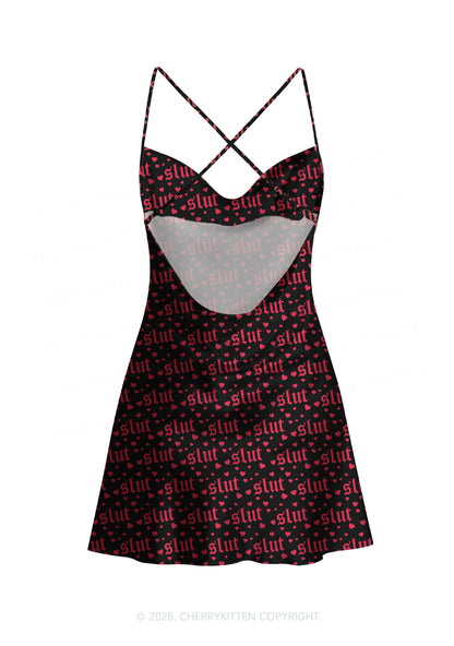 Black Slxt Y2K Print Satin Cowl Neck Slip Dress Cherrykitten