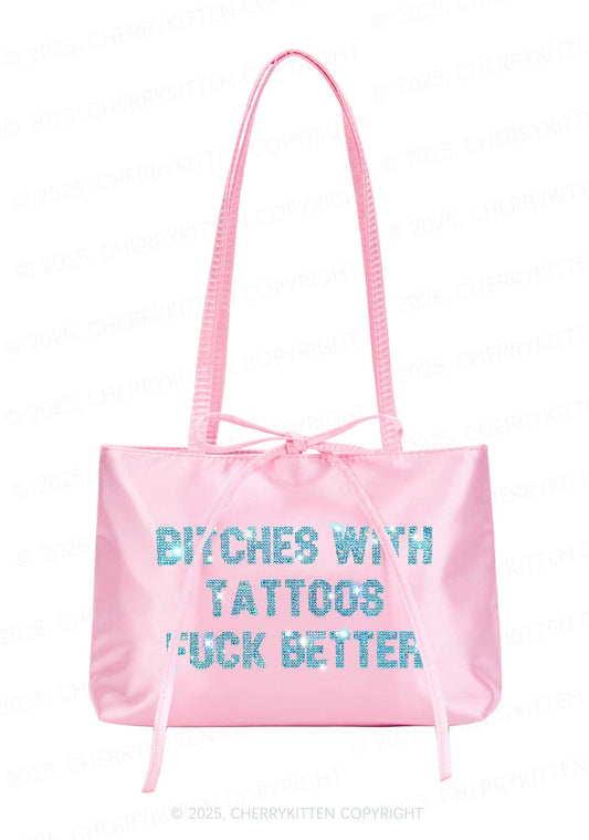 Rhinestone Bxxches With Tattoos Fxxk Better Y2K Satin Bags Cherrykitten