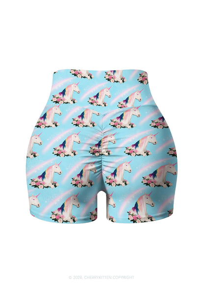Blue Unicorn Y2K Print Gym Shorts Cherrykitten