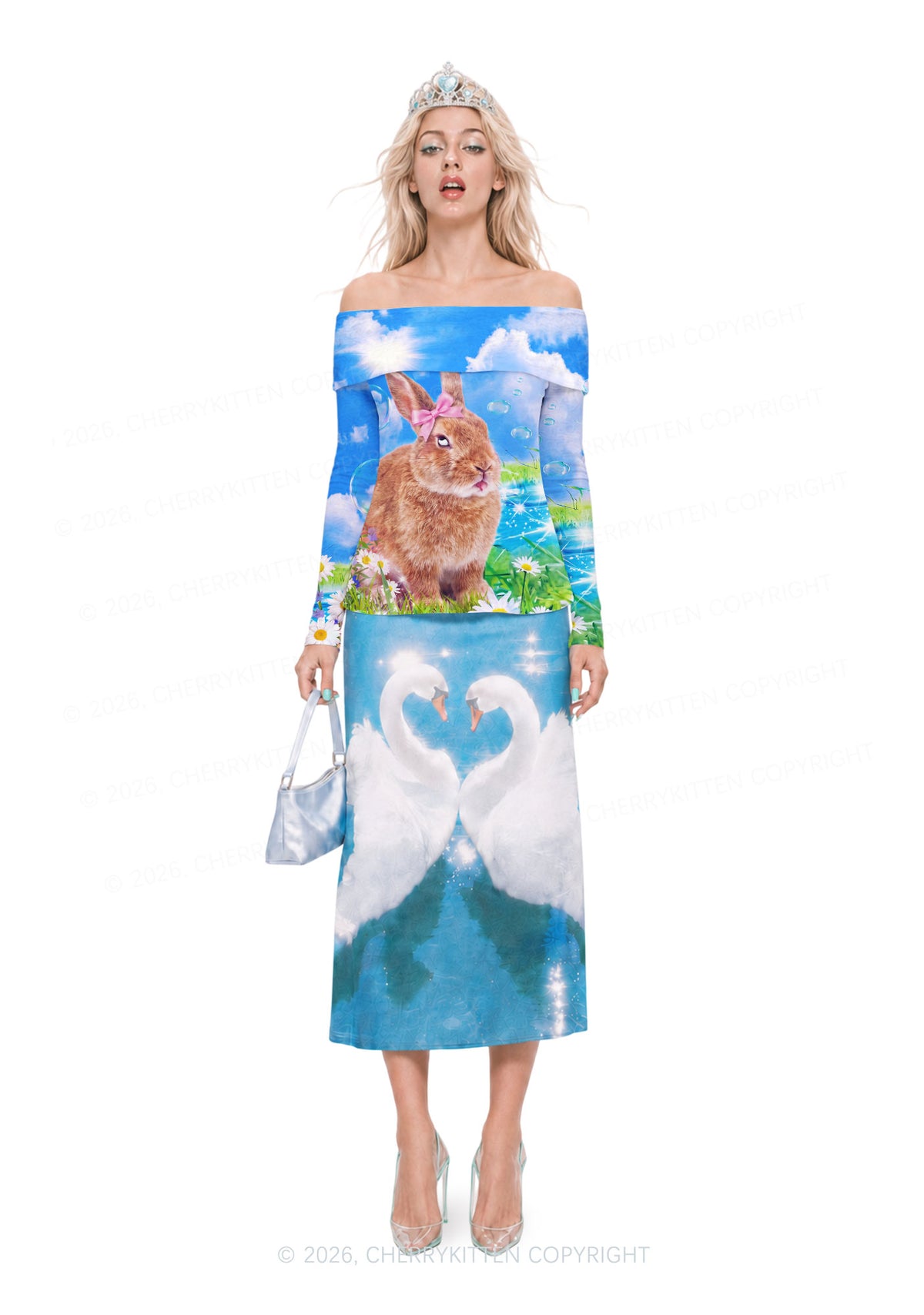 Rolling Eyes Bunny Y2K Off Shoulder Fold Over Knit Top Cherrykitten