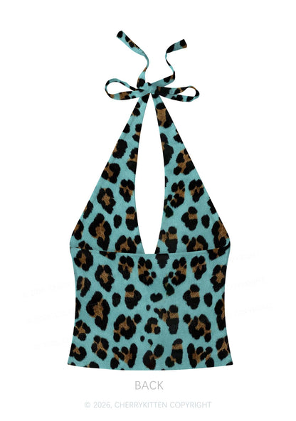 Mint Green Leopard Y2K Print Halter Deep V Neck Cami Cherrykitten