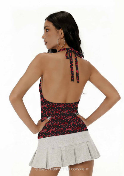 Black Slxt Y2K Print Halter Deep V Neck Cami Cherrykitten