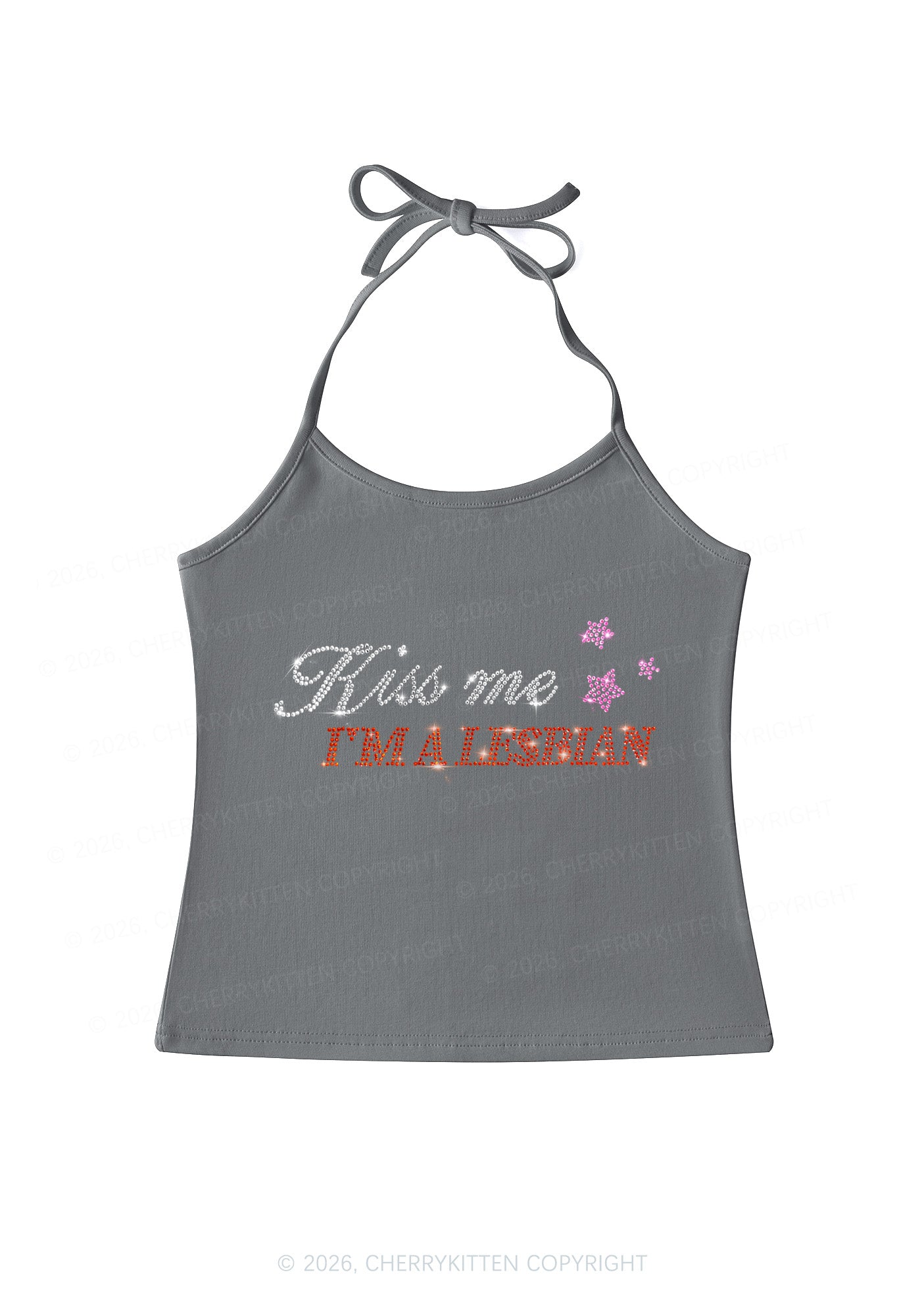 Rhinestone Kiss Me Im A Lesbian Pride Y2K Halter Neck Cami Cherrykitten