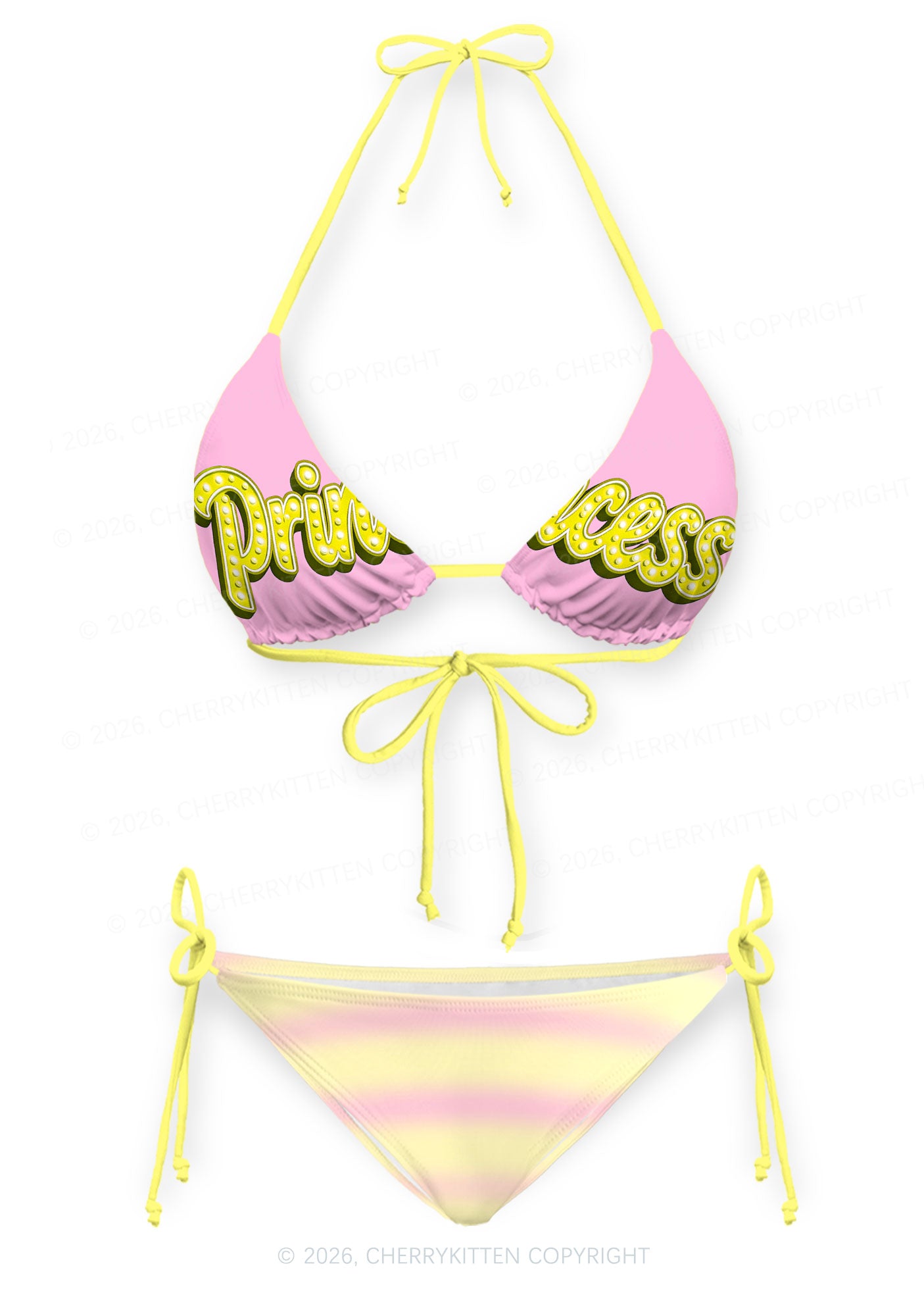 Pink Yellow Gradient Princess Y2K Print Bikini Set Cherrykitten