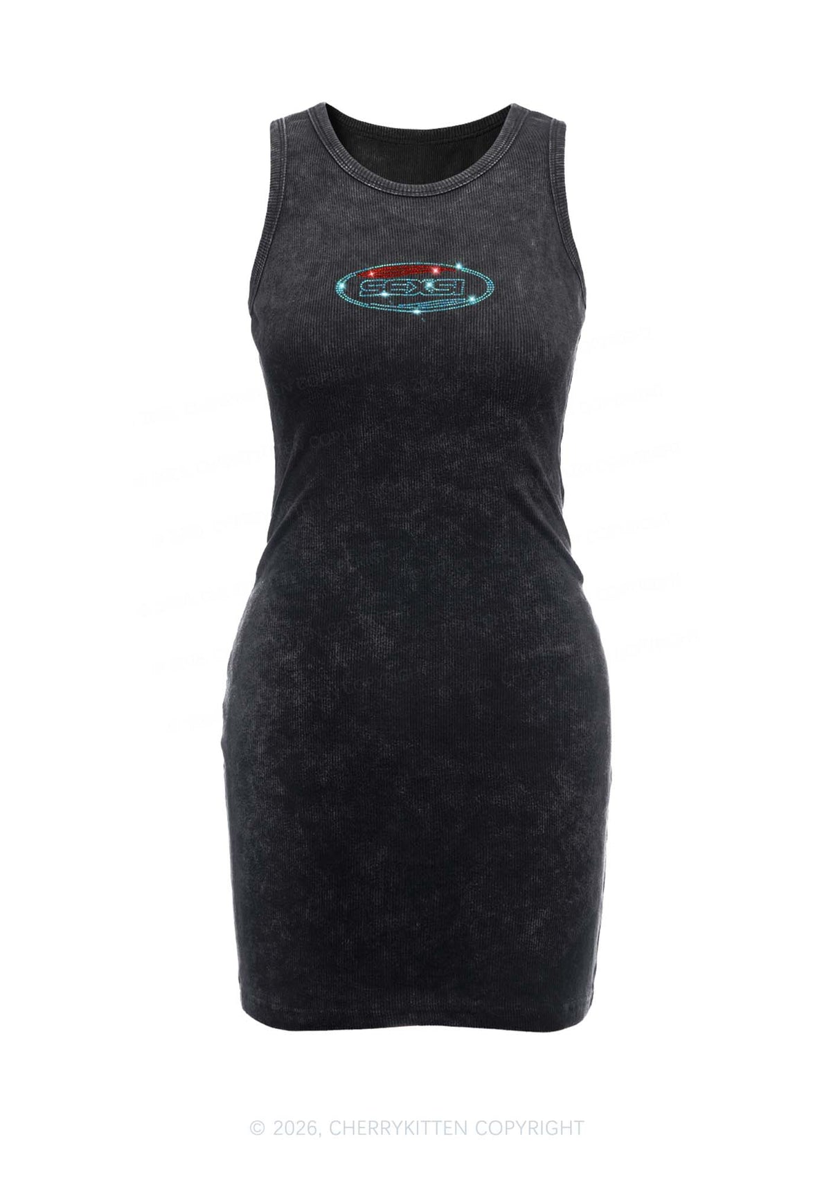 Rhinestone Sexsi Slogan Y2K Washed Tank Dress Cherrykitten