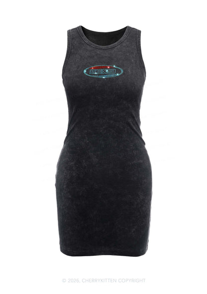 Rhinestone Sexsi Slogan Y2K Washed Tank Dress Cherrykitten