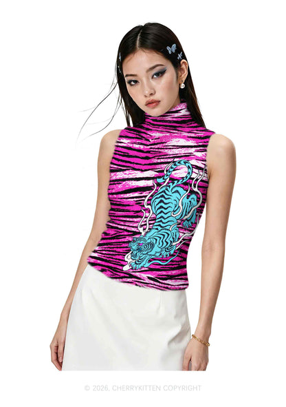 Blue Tiger Pink Zebra Stripe Y2K Knit Turtleneck Tank Top Cherrykitten