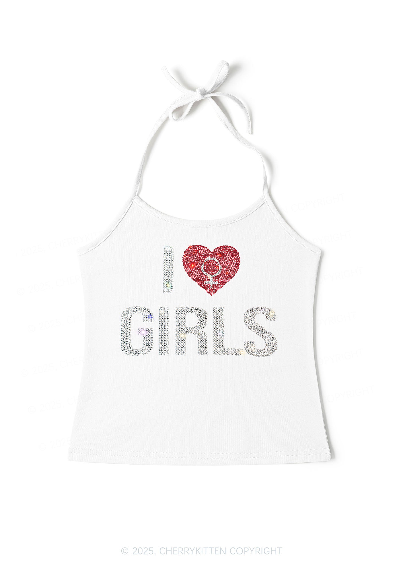 Rhinestone I Love Girls Pride Y2K Halter Neck Cami Cherrykitten