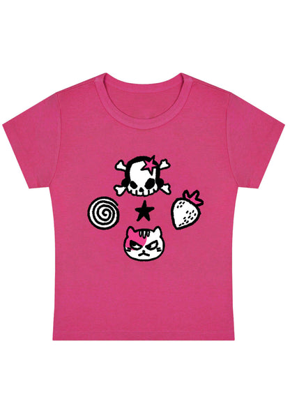 Curvy Skull Strawberry Cat Stars Baby Tee