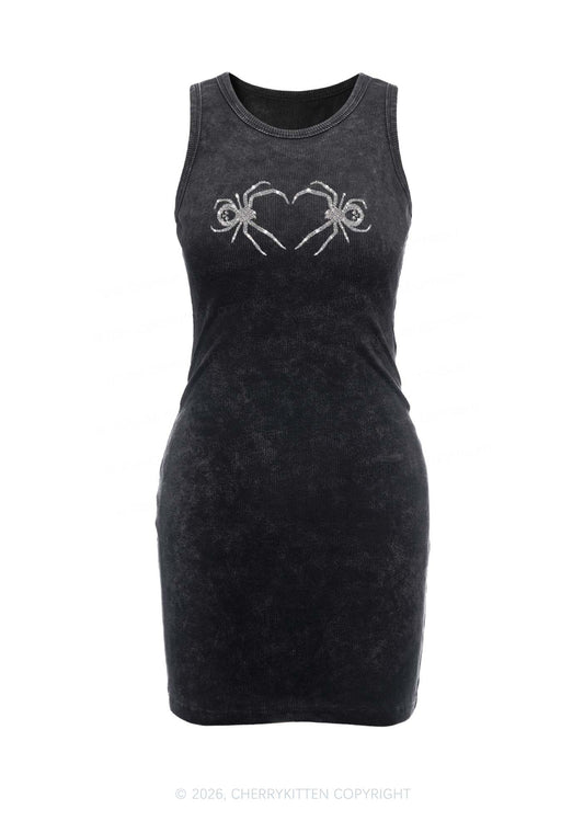Rhinestone Skull Spider Y2K Washed Tank Dress Cherrykitten