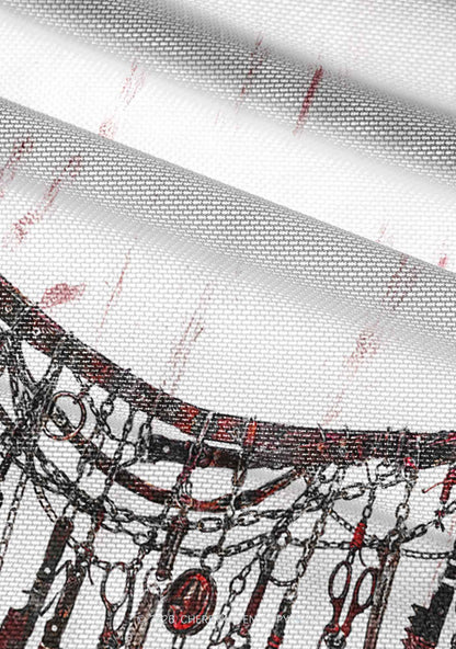 Halloween Bloody Weapon Chains Y2K Mesh Ruched Waist V Neck Top Cherrykitten