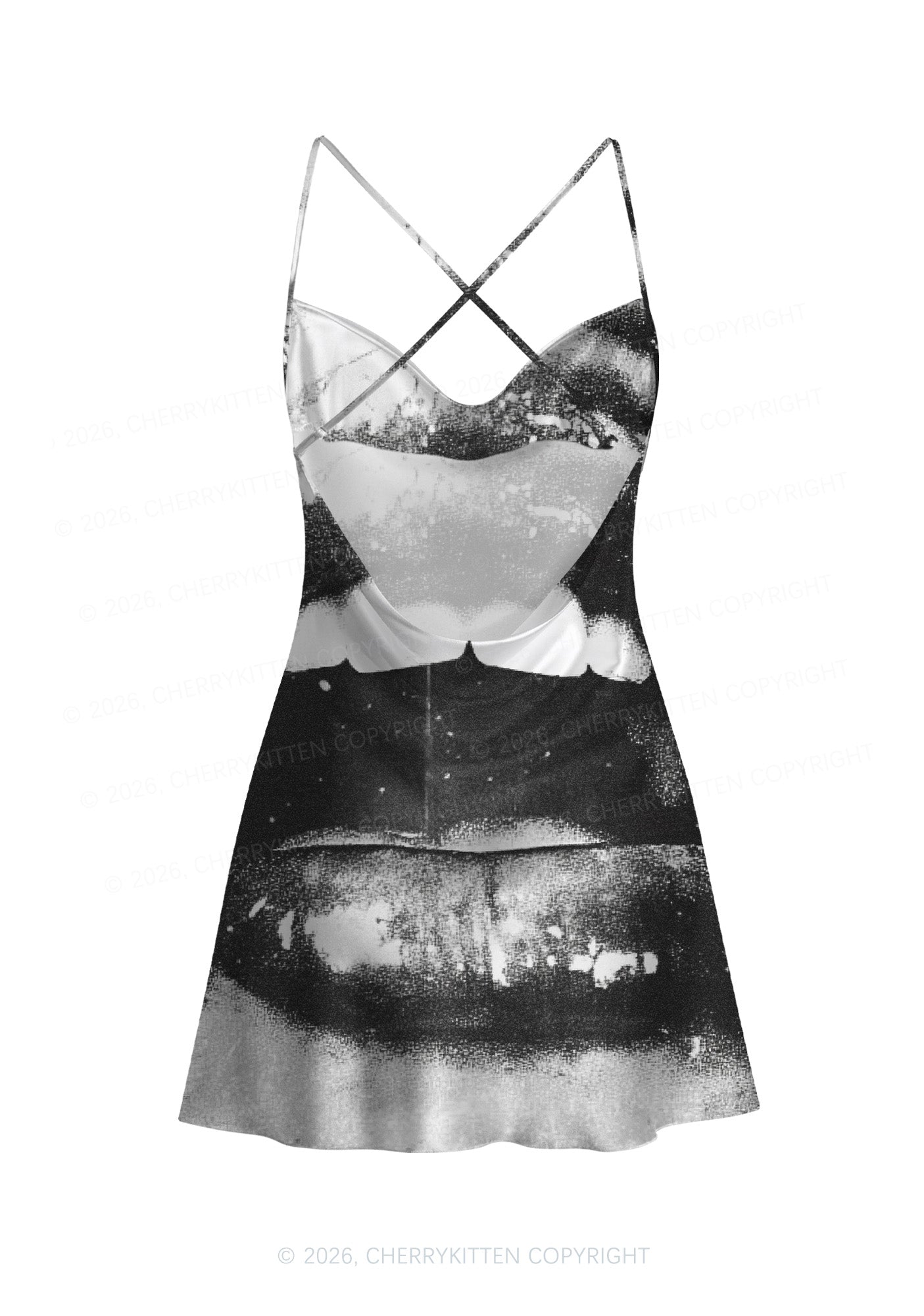 Halloween Vampire Lips Y2K Print Satin Cowl Neck Slip Dress Cherrykitten