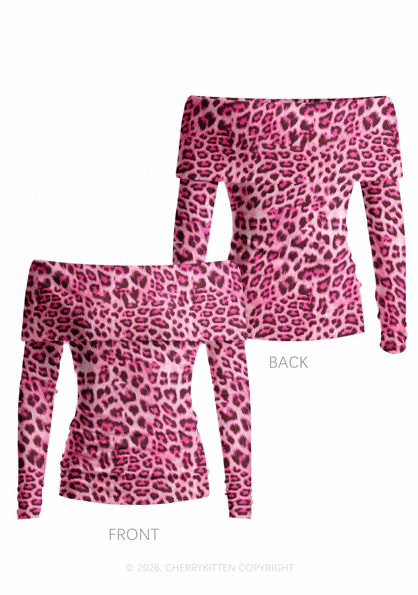Pink Leopard Y2K Off Shoulder Fold Over Knit Top Cherrykitten