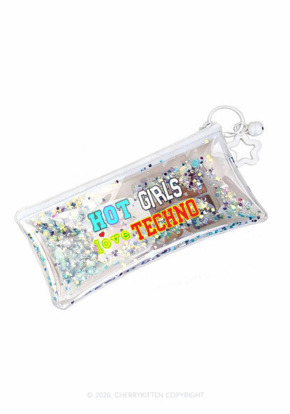 Hot Girls Love Techno Y2K Quicksand Transparent Pencil Pouch Cherrykitten