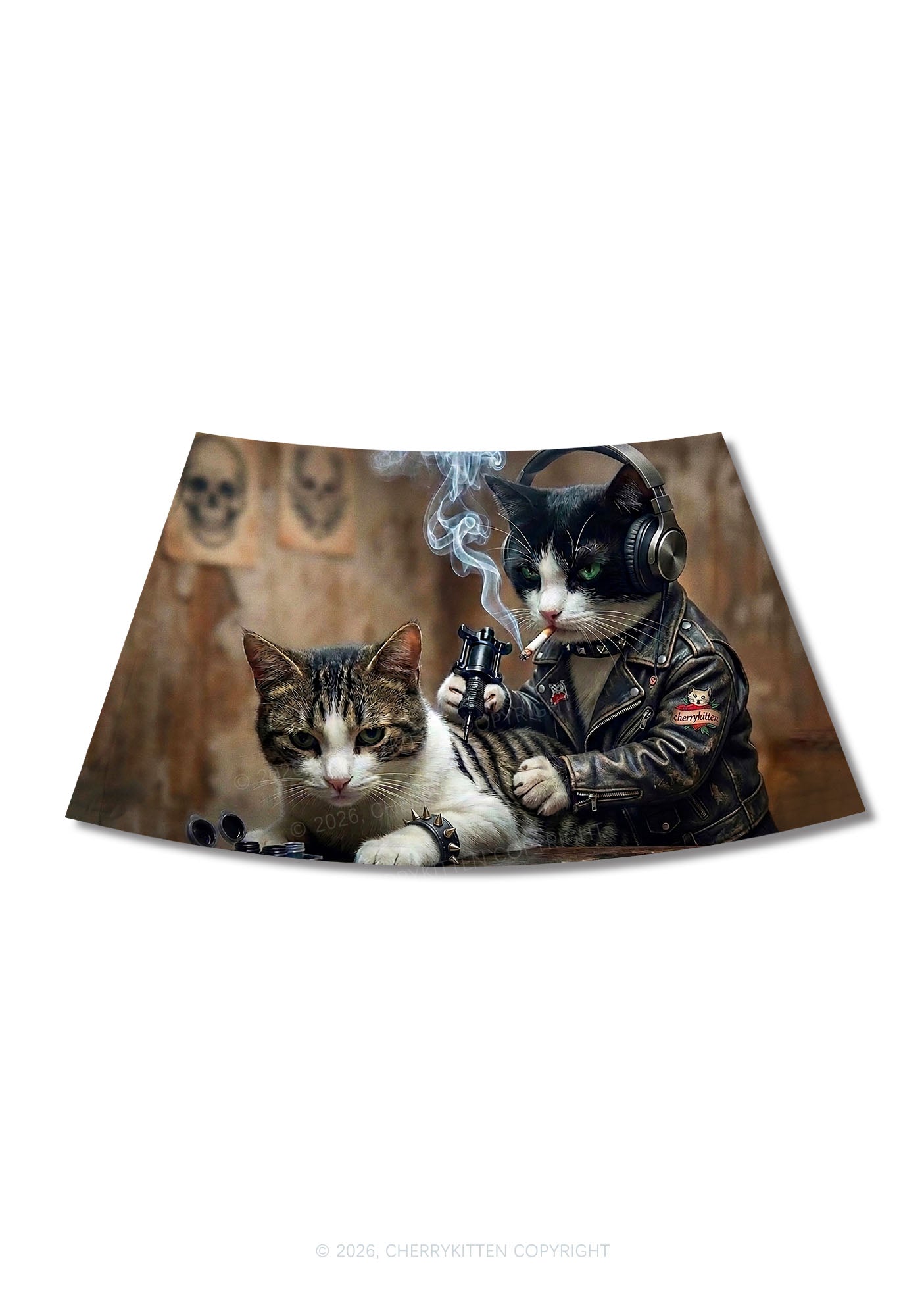 Smoking Cats Tattoo Scene Y2K Print Mini Skirt Cherrykitten
