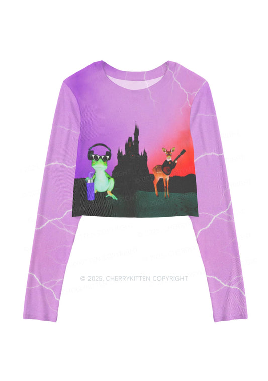 Frog Deer Castle Y2K Mesh Long Sleeve Crop Top Cherrykitten