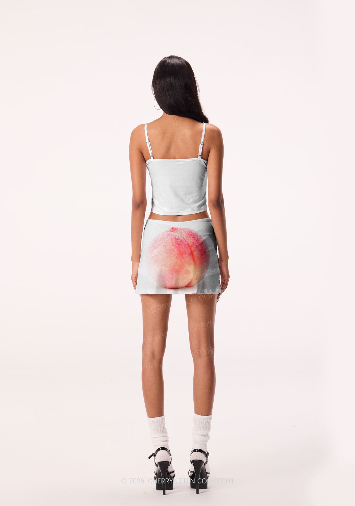 Peach On White Y2K Print Mini Skirt Cherrykitten
