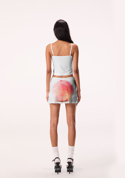 Peach On White Y2K Print Mini Skirt Cherrykitten