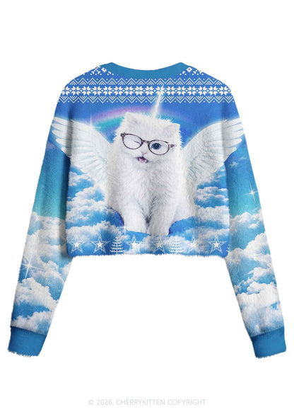 White Angel Glasses Cat Y2K Crop Knit Sweatshirt Cherrykitten