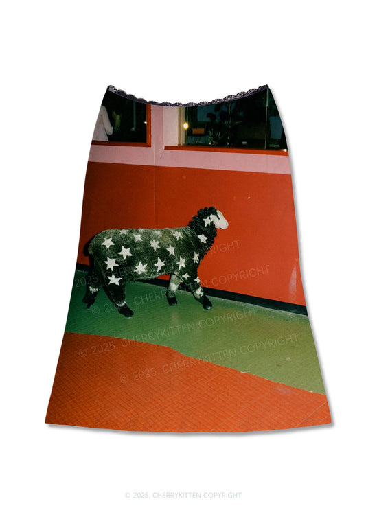 Sheep Starry Wool Y2K Print Midi Skirt Cherrykitten
