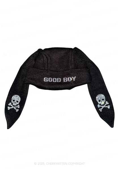 Rhinestone Good Boy Y2K Bunny Ear Knitted Hat Cherrykitten