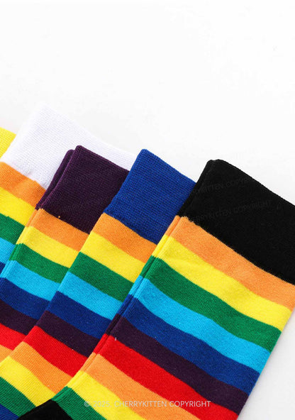 Rainbow Striped Pride Y2K Mid Calf Socks Cherrykitten