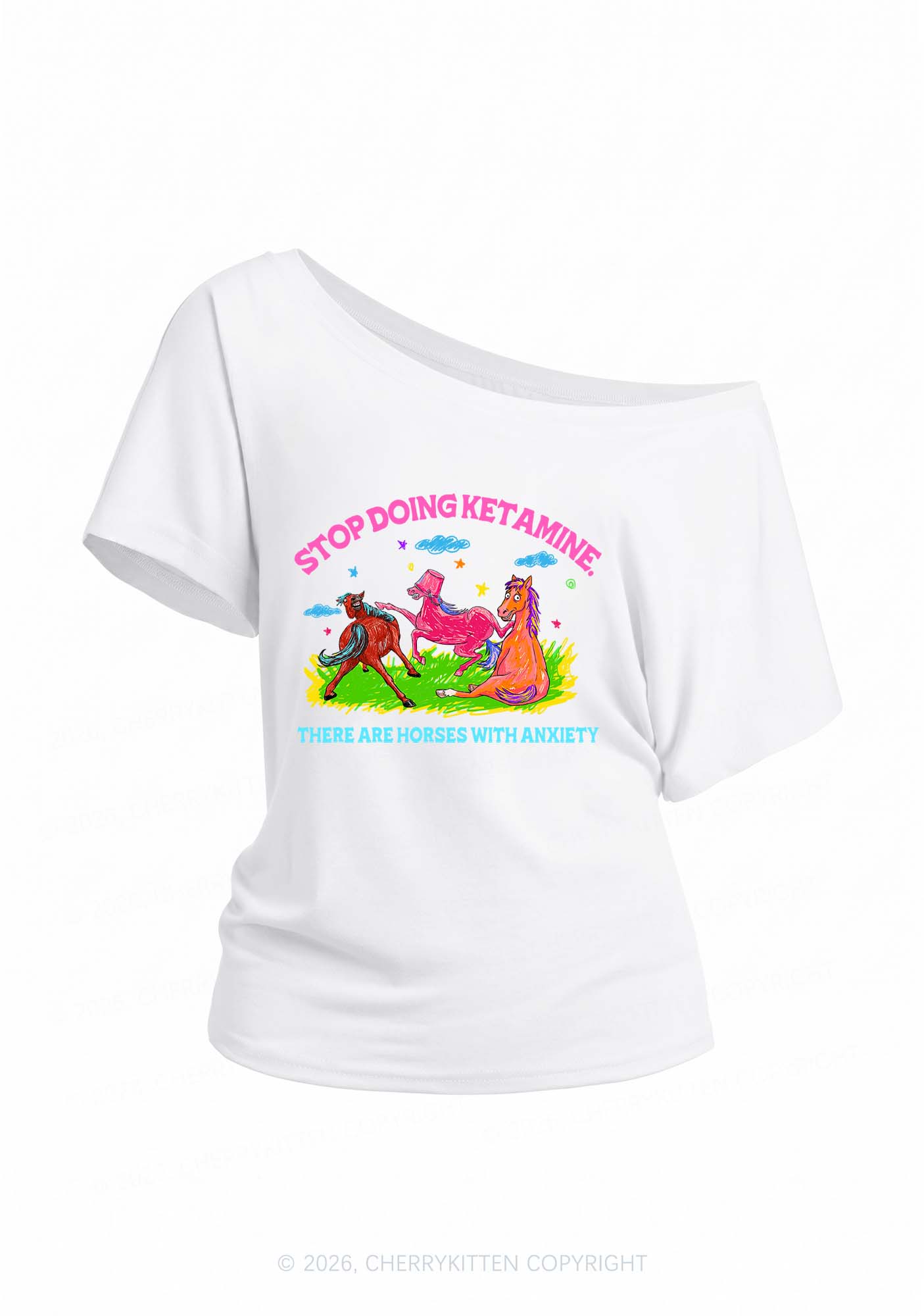 Horses With Anxiety Y2K Off Shoulder Tee Cherrykitten