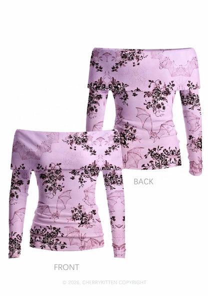 Pink Bat Y2K Off Shoulder Fold Over Knit Top Cherrykitten