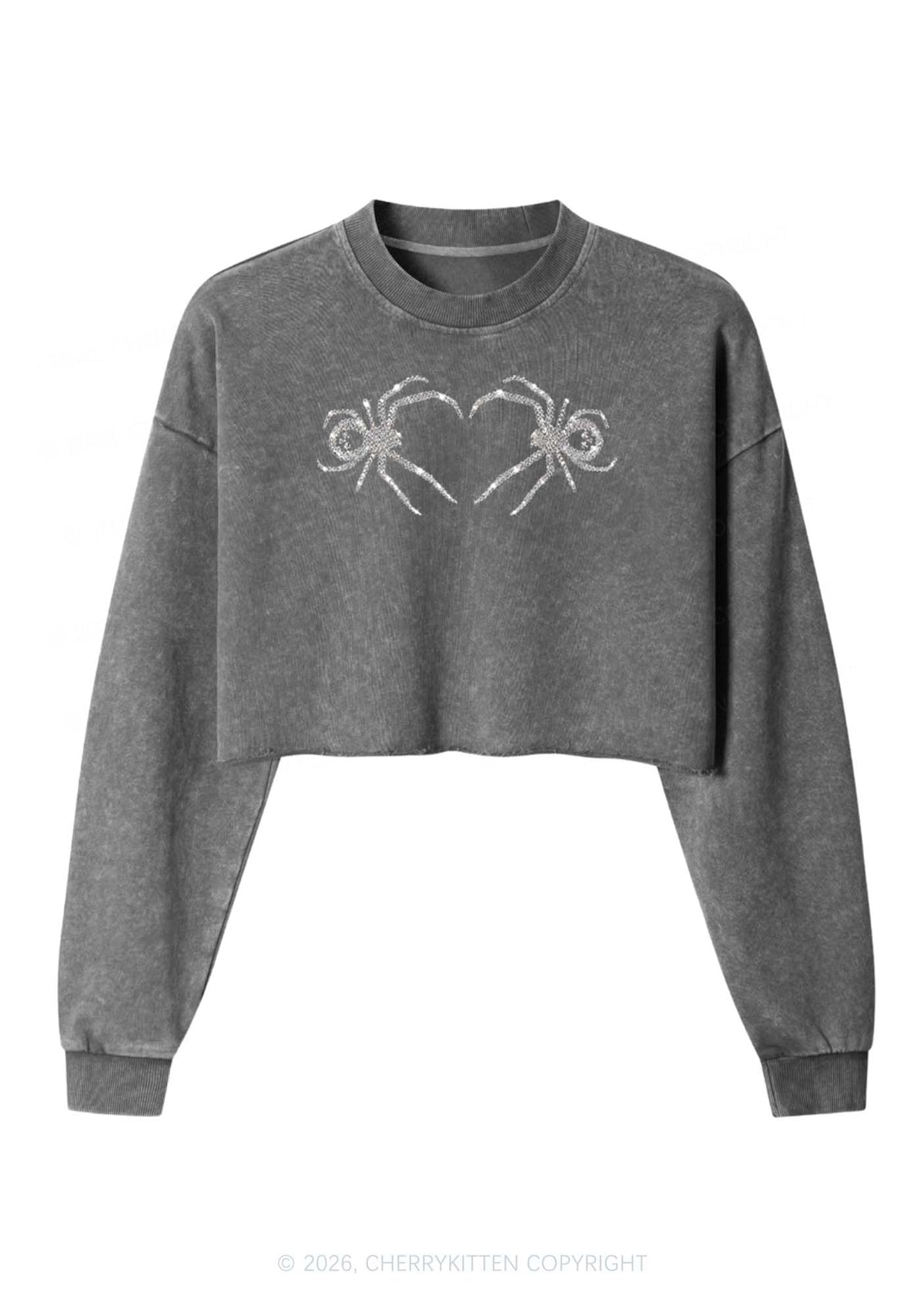 Rhinestone Skull Spider Y2K Crop Washed Sweatshirts Cherrykitten
