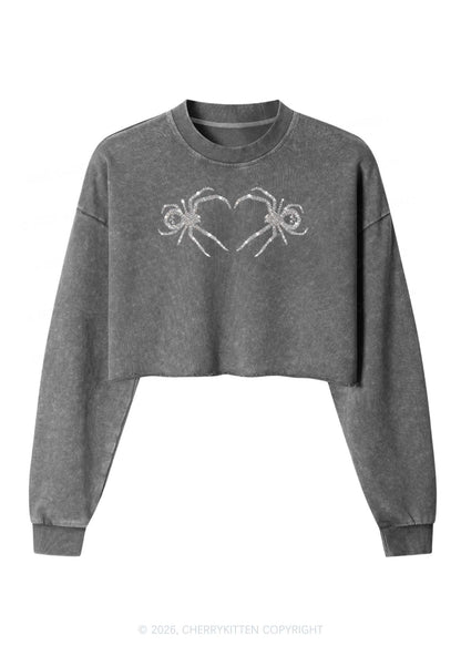 Rhinestone Skull Spider Y2K Crop Washed Sweatshirts Cherrykitten