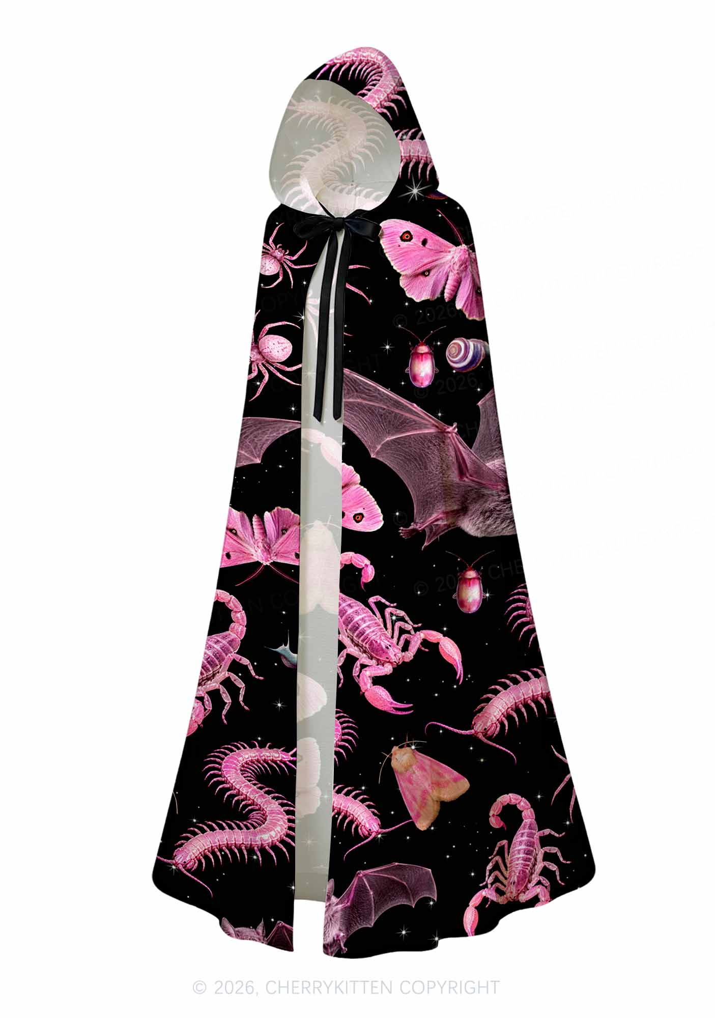 Halloween Pink Gothic Insects Y2K Print Hooded Cloak Cherrykitten