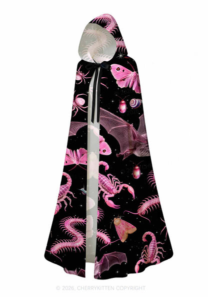 Halloween Pink Gothic Insects Y2K Print Hooded Cloak Cherrykitten
