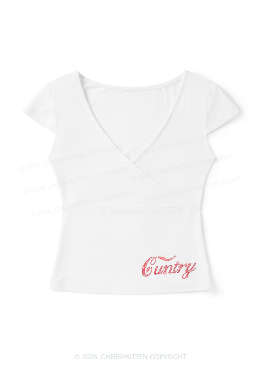 Rhinestone Cuntry Y2K Wrap V Neck T Shirts Cherrykitten