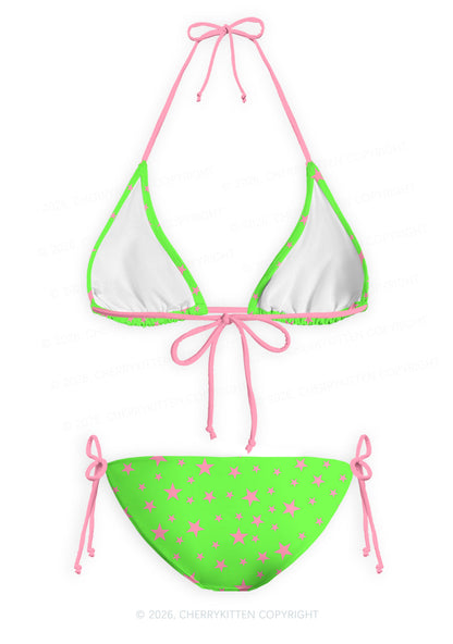 Pink Star On Green Y2K Print Bikini Set Cherrykitten