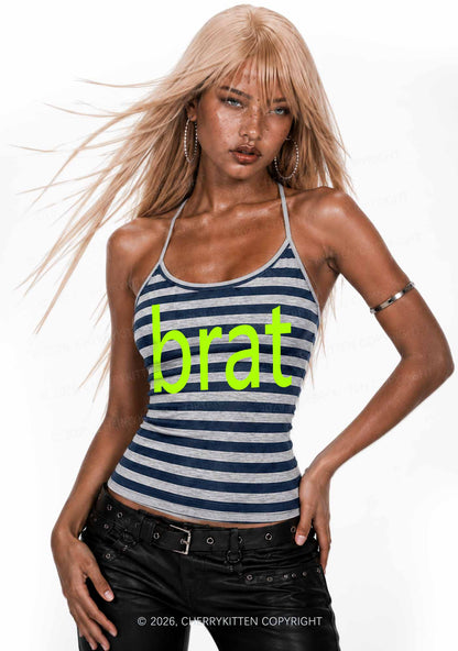 Green Brat Y2K Navy Grey Striped Halter Neck Cami Cherrykitten