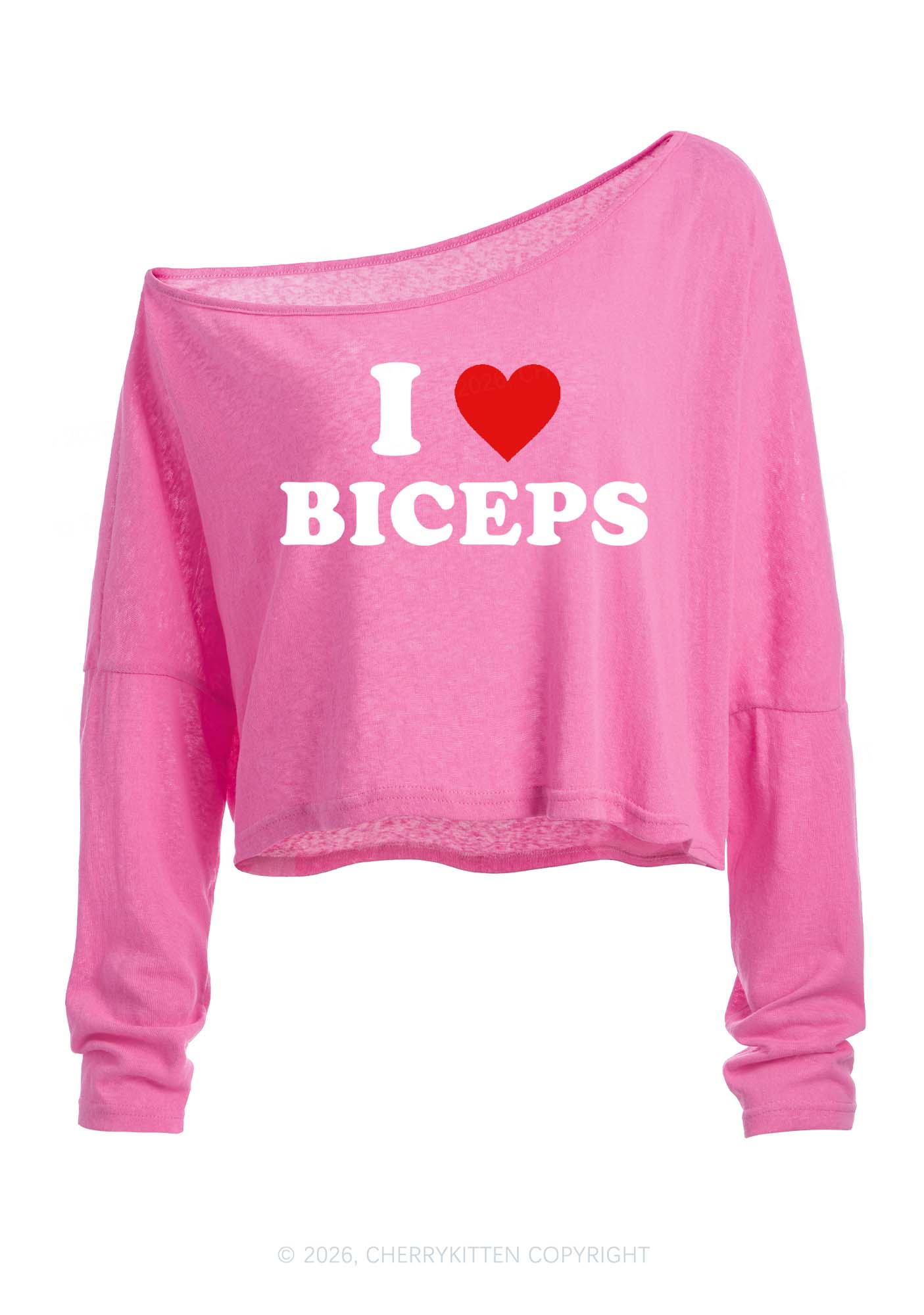 I Love Biceps Y2K Off Shoulder Long Sleeve Crop Top Cherrykitten