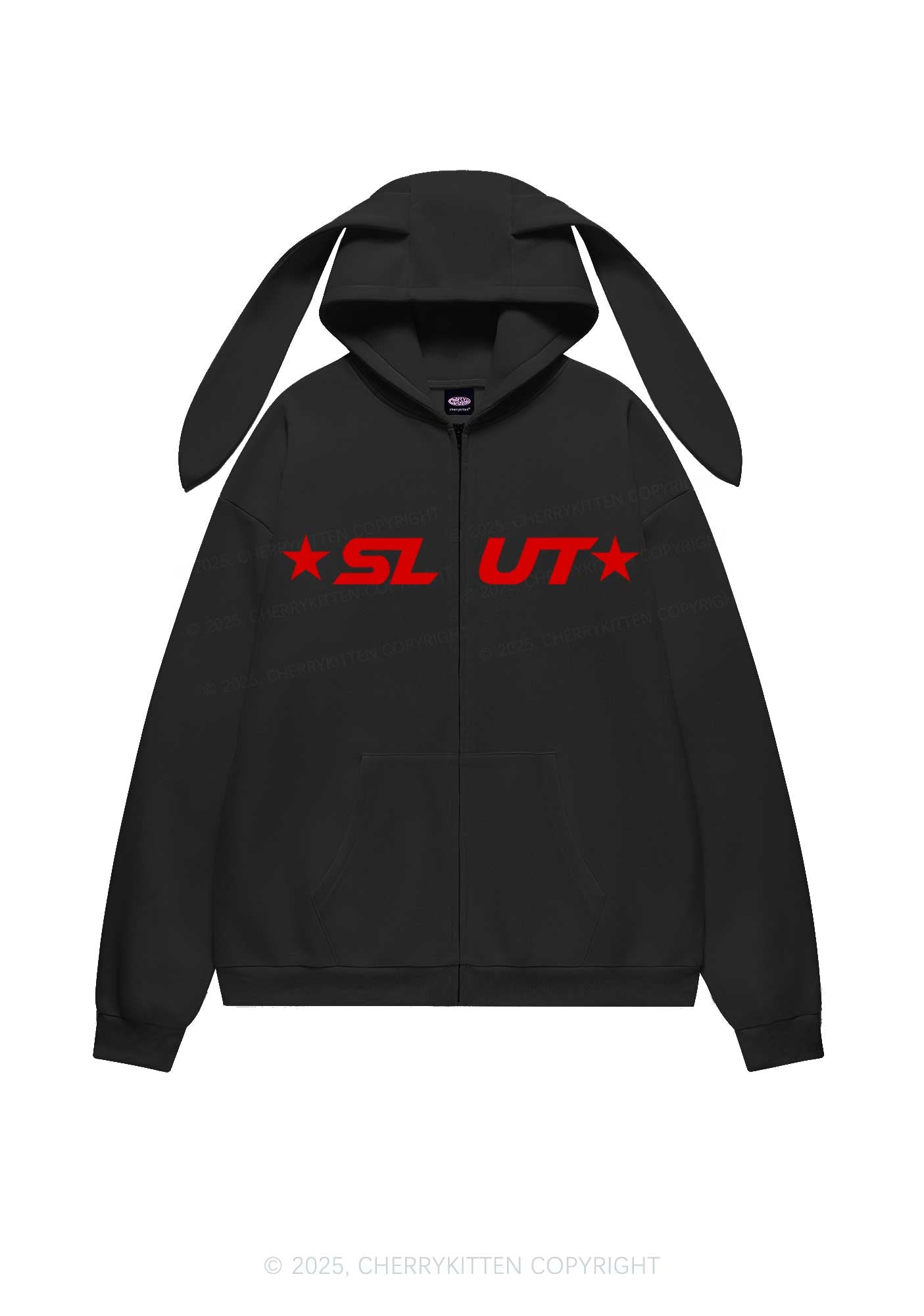 Red Slxt Star Y2K Bunny Ear Zip Hoodie Cherrykitten
