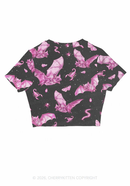 Halloween Pink Bat Y2K Mesh Crop Top Cherrykitten
