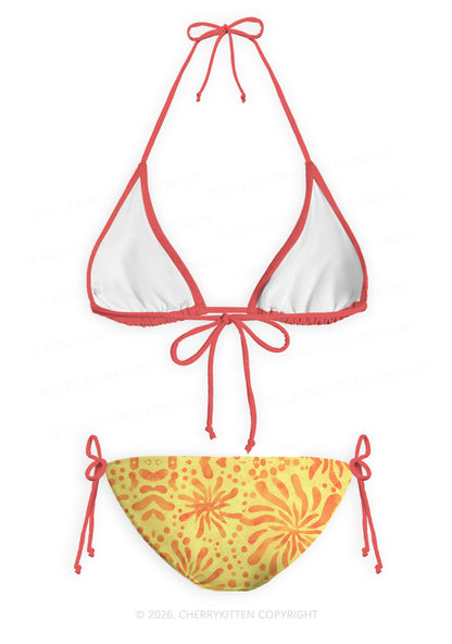 Orange Sunburst Floral Y2K Print Bikini Set Cherrykitten