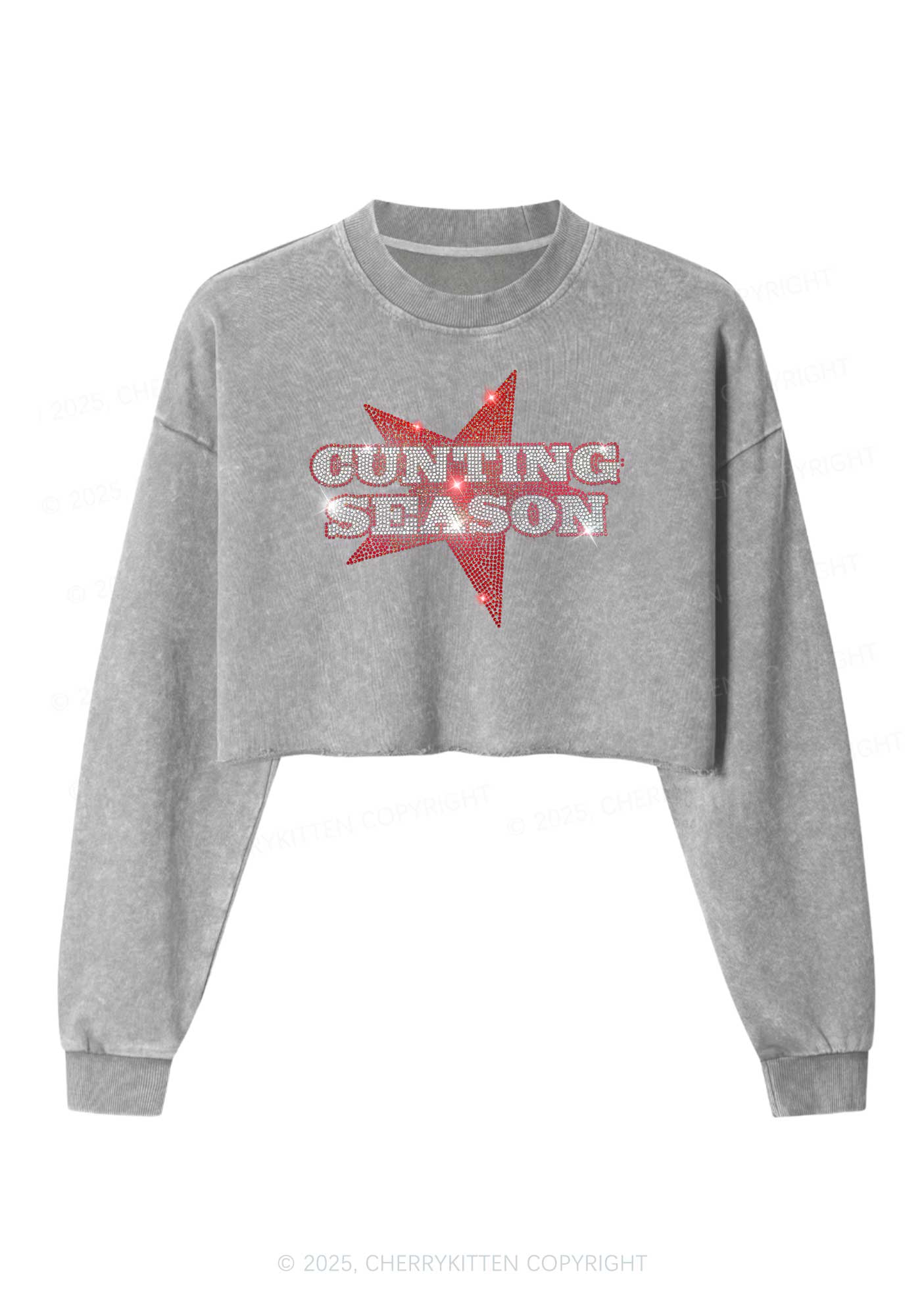 Rhinestone Cunting Season Y2K Crop Washed Sweatshirts Cherrykitten