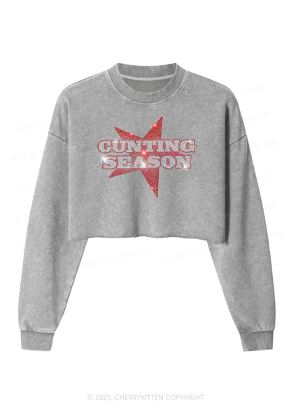 Rhinestone Cunting Season Y2K Crop Washed Sweatshirts Cherrykitten