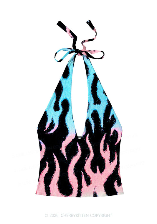 Trans Flame Pride Y2K Print Halter Deep V Neck Cami Cherrykitten