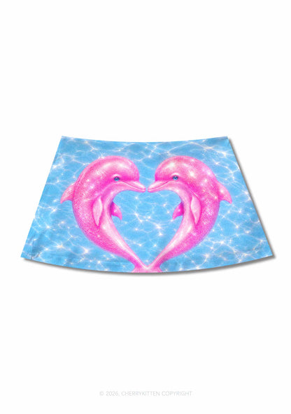 Pink Dolphin Couple Heart Y2K Print Mini Skirt Cherrykitten