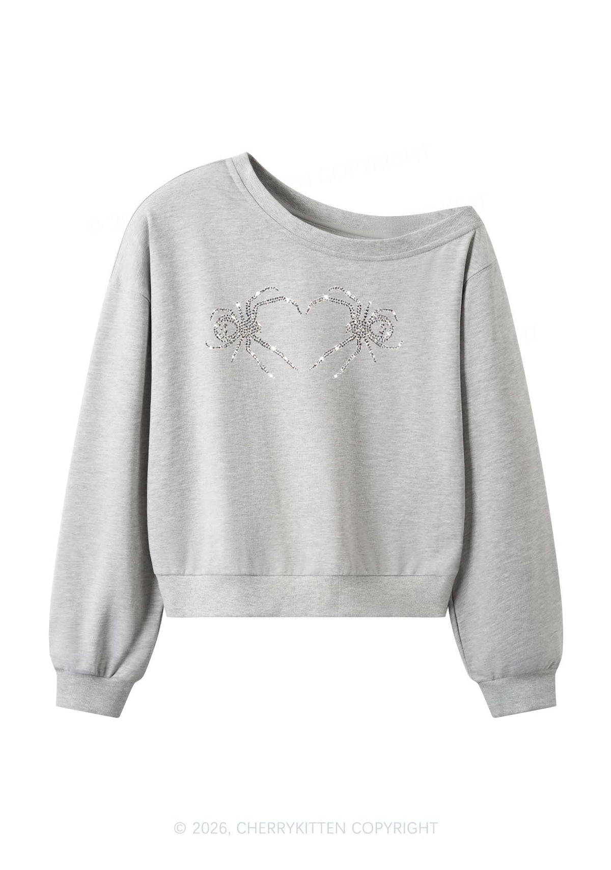 Rhinestone Skull Spider Y2K Off Shoulder Sweatshirts Cherrykitten