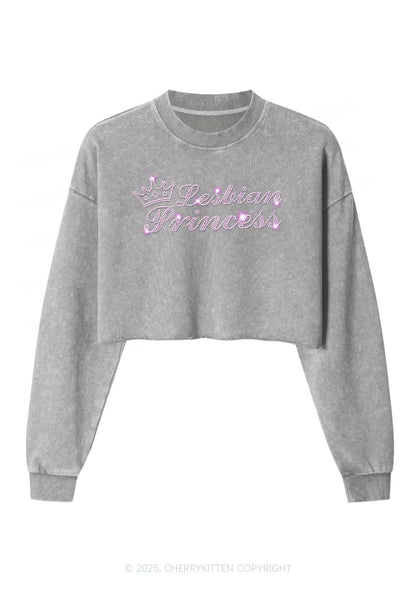 Rhinestone Lesbian Princess Pride Y2K Crop Washed Sweatshirts Cherrykitten